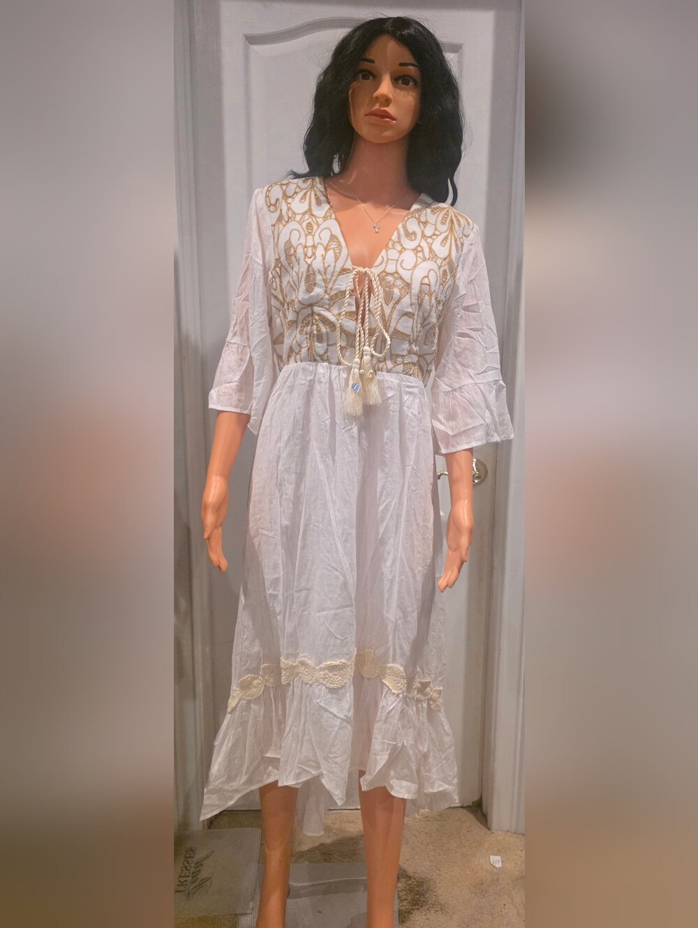 Boho White Maxi Dress with Gold Embroidery